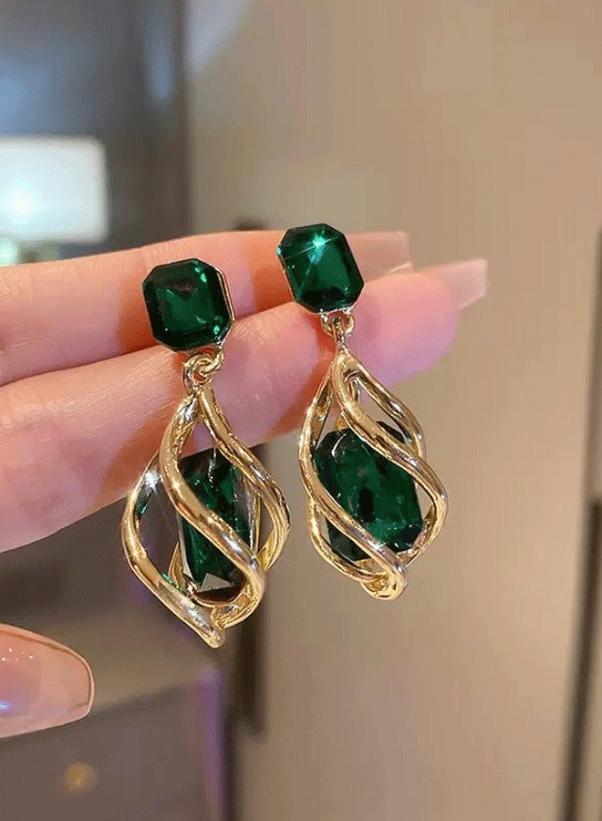 Women's Gold Plated Ethnic Long Earrings, Emerald Green Gemstone Statement Earrings for Ladies, Vintage Style Earrings for Wedding & Daily Wear - Image 2