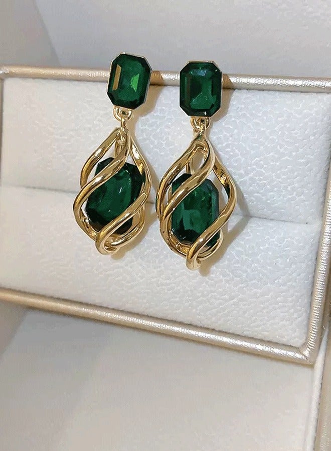 Women's Gold Plated Ethnic Long Earrings, Emerald Green Gemstone Statement Earrings for Ladies, Vintage Style Earrings for Wedding & Daily Wear - Image 3
