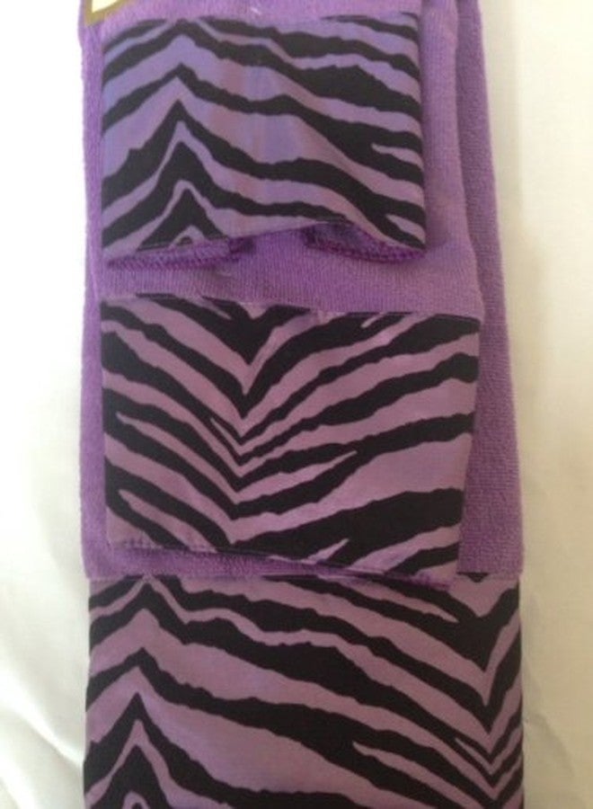 WPM 3 Piece Bath Towel Set- Black Purple Zebra Print Wash Had and Bath Towel - Image 1