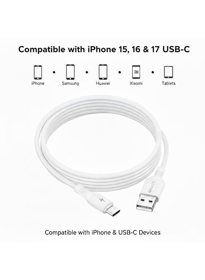 ايوسويت كابل iOsuite من USB-A إلى USB-C شحن سريع 2.1 أمبير ونقل بيانات 480Mbps بطول 1 متر – متوافق مع آيفون 15 / 15 بلس / 15 برو / 15 برو ماكس، سامسونج جالاكسي S24 / S23 / سلسلة A، هواوي، شاومي، آيباد USB-C والمزيد – أبيض (DC11) - Image 2