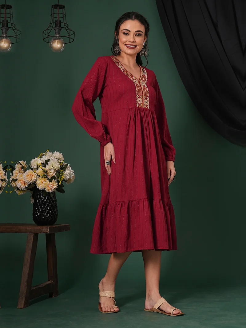 globus Women Embroidered V-Neck Bishop Sleeves Shimmer Tiered A-Line Midi Festive Dress