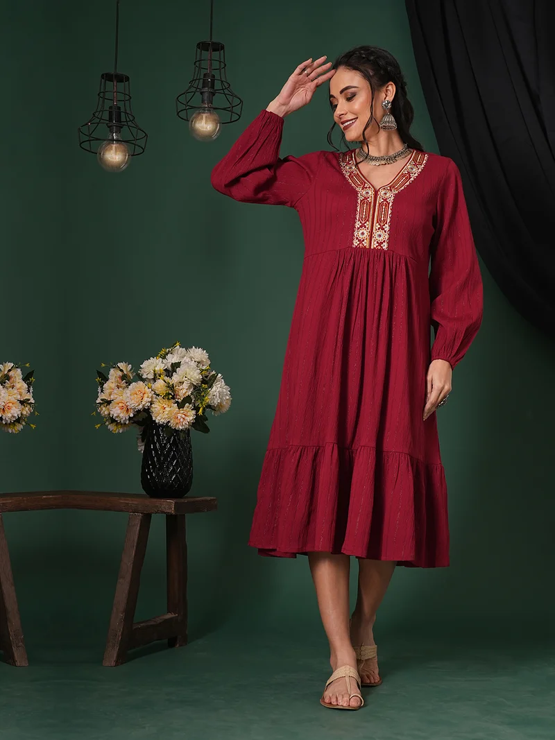 globus Women Embroidered V-Neck Bishop Sleeves Shimmer Tiered A-Line Midi Festive Dress