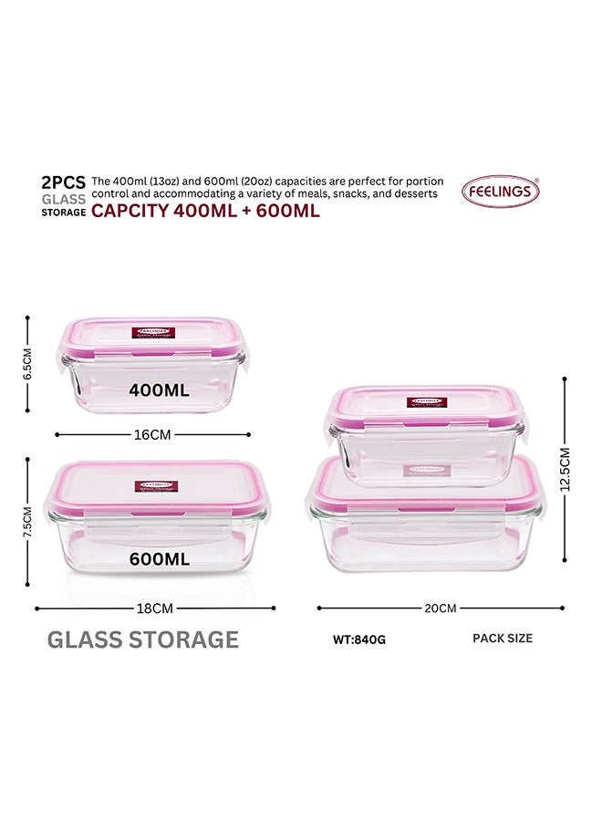 Glass Food Storage Containers 2-Pack with Silicone Lids, 600ml + 400ml, Clear - Image 2