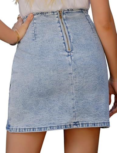 Vetinee Women's Modern Blue Tulip Hem Shirred Stretchy Back Zip Casual Bodycon Short Jean Denim Skirt Size Large Size 12 14 - Image 2