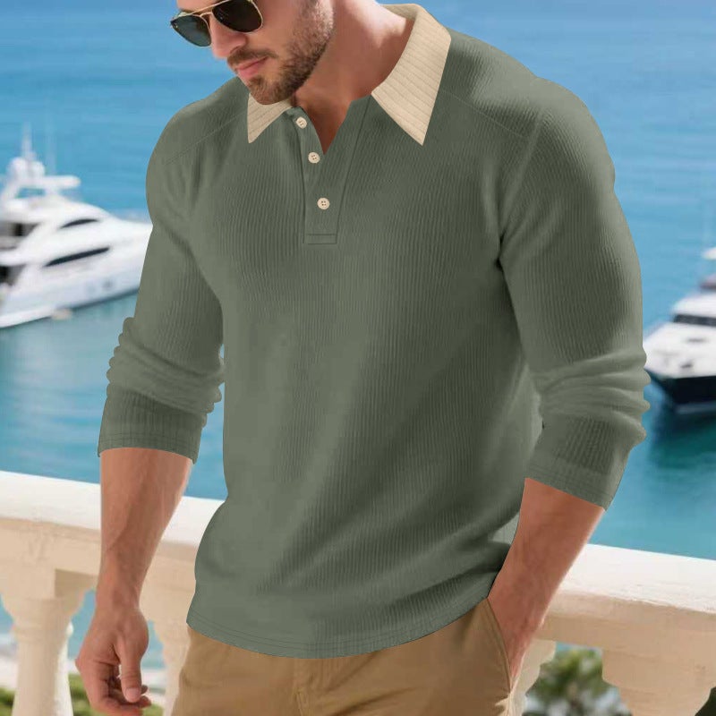 Cross-Border Autumn and Winter Style Long-Sleeve Polo Shirt Heavy Ribbed Loose Casual Turn-Down Collar Knit Base Shirt - Image 1