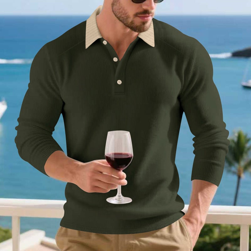 Cross-Border Autumn and Winter Style Long-Sleeve Polo Shirt Heavy Ribbed Loose Casual Turn-Down Collar Knit Base Shirt - Image 5