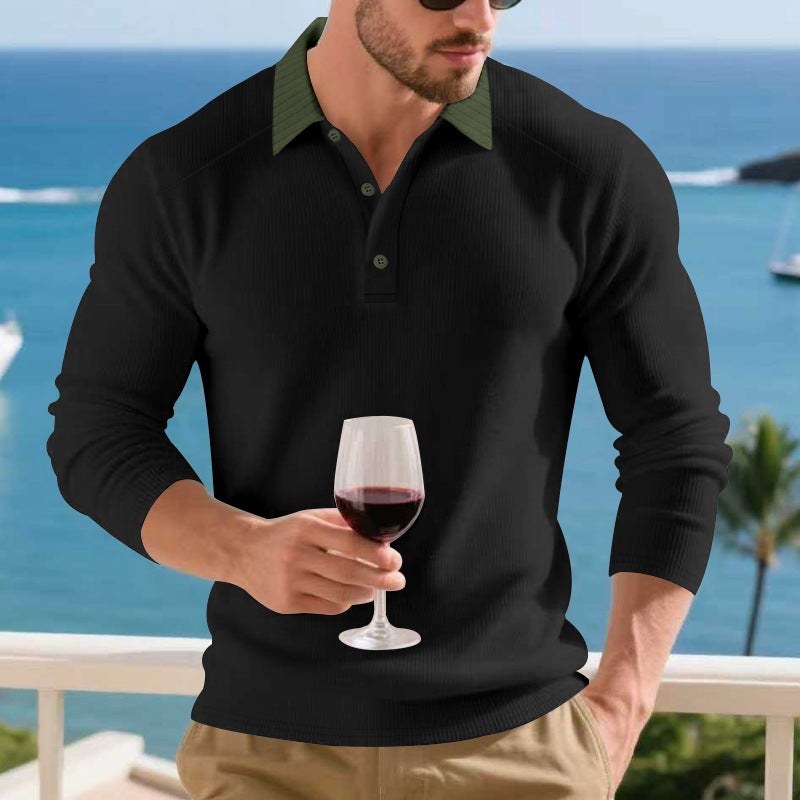 Cross-Border Autumn and Winter Style Long-Sleeve Polo Shirt Heavy Ribbed Loose Casual Turn-Down Collar Knit Base Shirt - Image 3