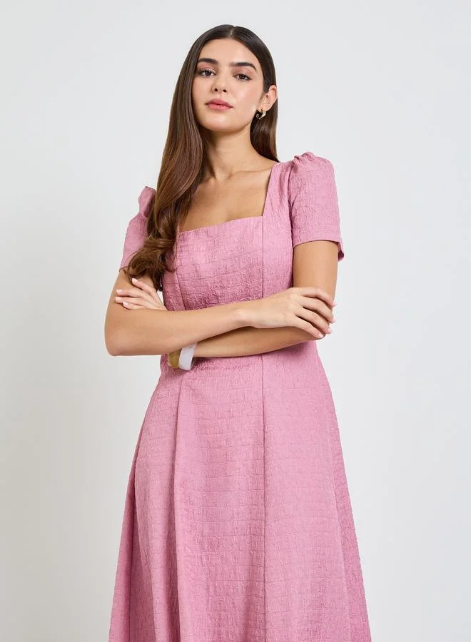 Take Two Pink Plain A-Line Square Neck Midi Dress