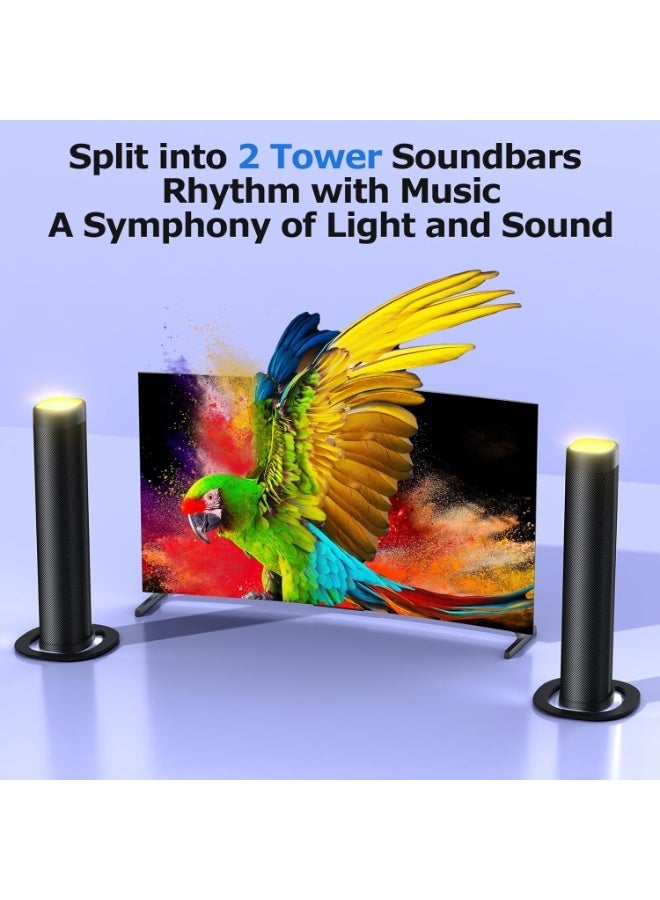 FlashHawk Sound Bar for Smart TV, 100W Sound Bar with 3 Dynamic RGB Lights,Bluetooth 5.3, ARC/Opt/AUX Connect, Dynamic Volume 3 Equalizer Modes,2 in 1 Detachable Soundbar for TV/PC/Gaming/Projectors - Image 3