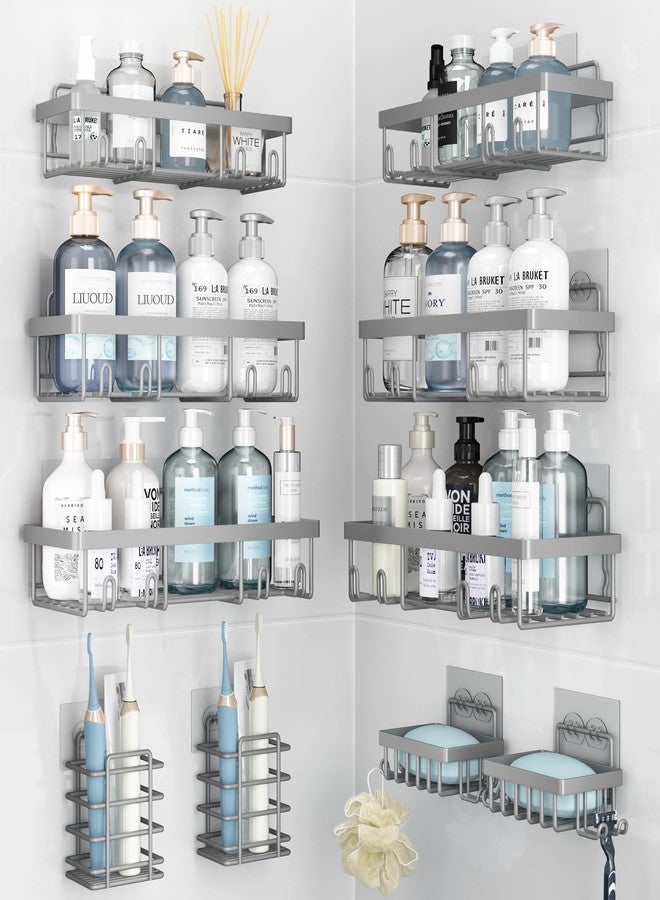 Liuoud 10 Pack Shower Caddy Organizer Rack Shelf for Inside Shower, Self Adhesive Wall Storage Basket Rustproof Stainless Steel Shampoo Holder Bathroom Accessory Decor Set, Grey - Image 1