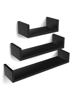 Spaceshoop U-Shaped Floating Mounted Shelves for Wall Plastic 50cm, 35cm, 25cm, Easy to Install, Pack of 3 (black)  - Image 1