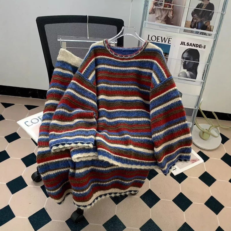 Women's Striped Knit Sweater and Skirt Two-Piece Set