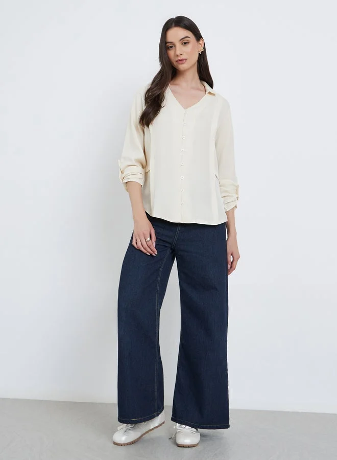 Take Two Take Two Solid Roll Up Sleeve Buttoned Shirt