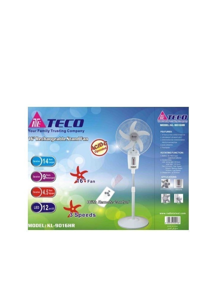 Teco 16 Inch Rechargeable Stand Fan With Remote Control, LED Light And Long Lasting Battery Up To 14 Hours- KL9016HR - Image 3
