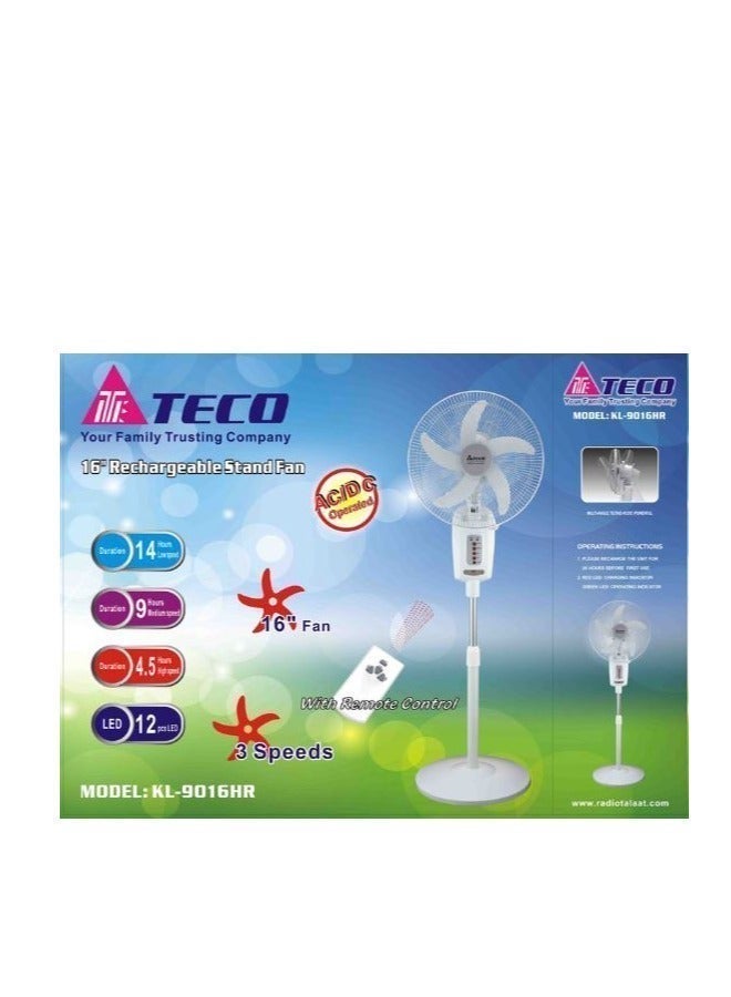 Teco 16 Inch Rechargeable Stand Fan With Remote Control, LED Light And Long Lasting Battery Up To 14 Hours- KL9016HR - Image 2