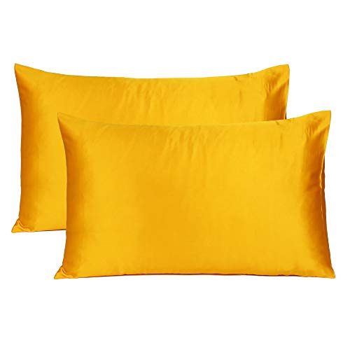 Oussum Satin Silk Pillowcase Pillow Case Covers with Envelop Closure for Hair and Skin Home Bed Decor Set of 2 Pillowcase Free 3 pcs scrunchies (King, Yellow) - Image 1