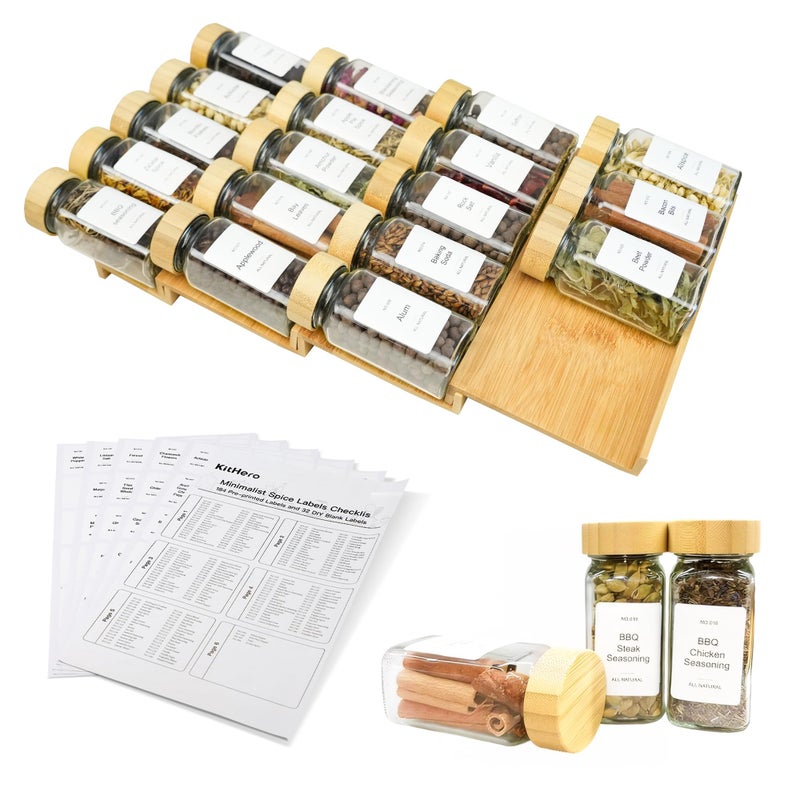 KitHero Spice Drawer Organizer with 18 Bamboo-lidded Spice Jars,216 Labels,50 Non-slip Rubber, Bamboo 4 Tier Seasoning Rack Tray Insert for Kitchen Drawers,Cabinets,Countertop,9" Wide x 15.8" Deep - Image 1