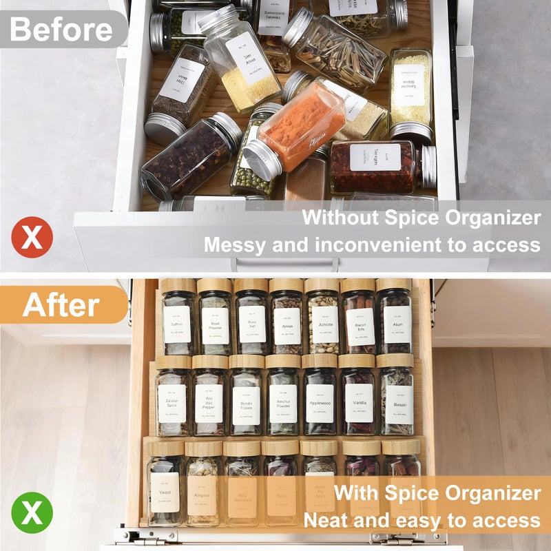 KitHero Spice Drawer Organizer with 18 Bamboo-lidded Spice Jars,216 Labels,50 Non-slip Rubber, Bamboo 4 Tier Seasoning Rack Tray Insert for Kitchen Drawers,Cabinets,Countertop,9" Wide x 15.8" Deep - Image 5