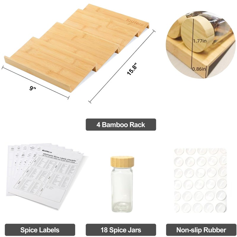 KitHero Spice Drawer Organizer with 18 Bamboo-lidded Spice Jars,216 Labels,50 Non-slip Rubber, Bamboo 4 Tier Seasoning Rack Tray Insert for Kitchen Drawers,Cabinets,Countertop,9" Wide x 15.8" Deep - Image 4
