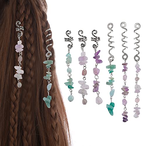 FRDTLUTHW Colored Natural Stone Tassels Hair Jewelry for Braids, Crystal Dreadlock Accessories Hair Charms for Women(Silver, pack of 6) - Image 1