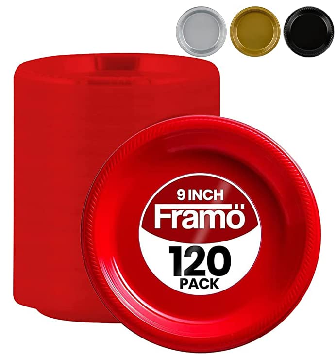 FRAMO FRAMO Disposable Red Plastic Plates for All Occasions  Pack of 120-9-Inch Round Plastic Plates Special Events  Party  Dinner  Picnic  or Travel - Bulk Pack - Image 1