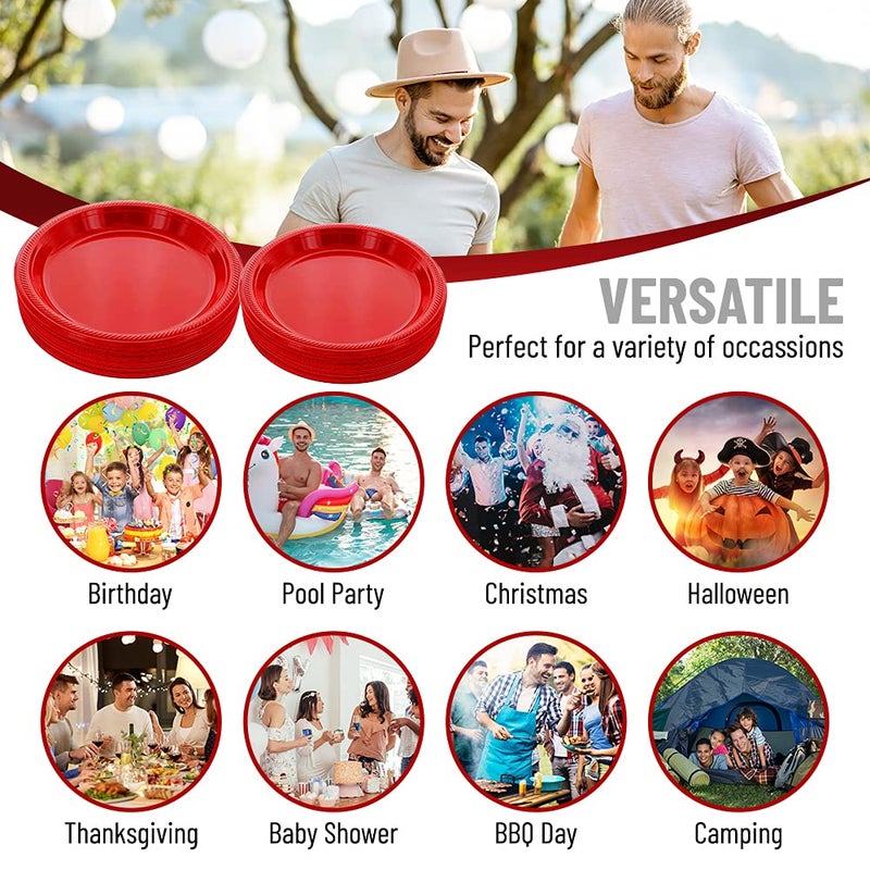 FRAMO FRAMO Disposable Red Plastic Plates for All Occasions  Pack of 120-9-Inch Round Plastic Plates Special Events  Party  Dinner  Picnic  or Travel - Bulk Pack - Image 4