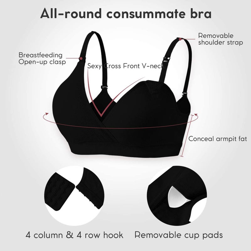 Vinfact 3 Pack Nursing Bras for Breastfeeding Seamless V Neck Maternity Bra Women Pregnancy Breastfeeding Bra - L,Black/Grey/White - Image 2