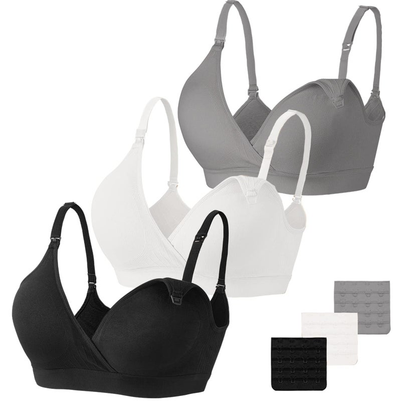 Vinfact 3 Pack Nursing Bras for Breastfeeding Seamless V Neck Maternity Bra Women Pregnancy Breastfeeding Bra - L,Black/Grey/White - Image 1