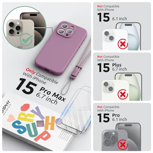 SURPHY Designed for iPhone 15 Pro Max Case with Screen Protector and Lanyard Phone Strap and Liquid Silicone Phone Case Camera Protective Soft Microfiber Lining 67 inch 2023 Lilac Purple - Image 3