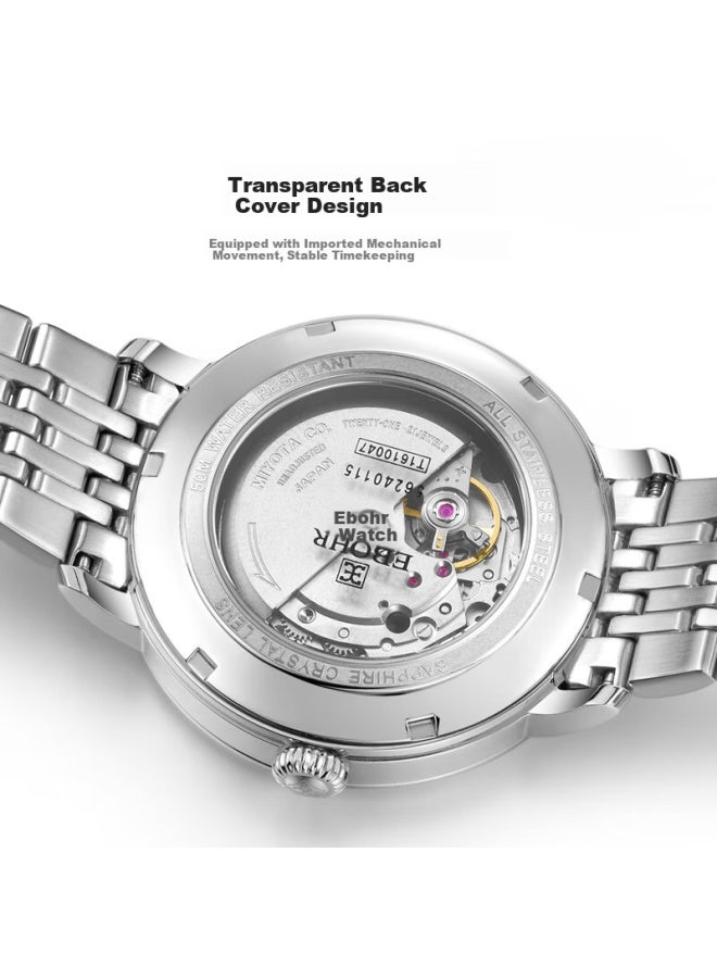 Ebohr Men's Automatic Mechanical Watch Simple Calendar Stainless Steel Band Wrisch New Year Birthday Gift - Image 4