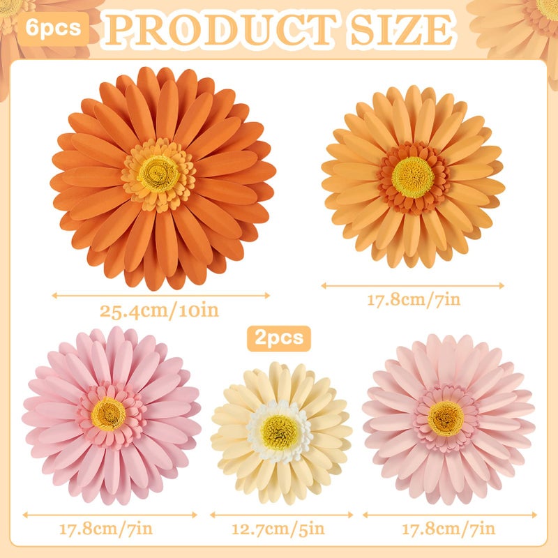SUNBEAUTY Daisy Party Decorations, Paper Flowers, Party Decorations, Orange Yellow Flowers Wall Hanging, 1st Birthday Bridal Baby Shower Wedding Classroom Tea Party Daisy DÃ©cor 10" 8" 5" Pack of 6 - Image 2