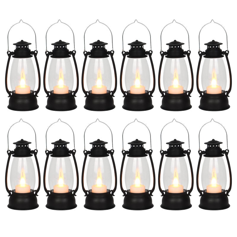Reperla 12Pcs Mini Lantern with Flickering LED Candle, Black 6" Hanging Candle Lantern, Table Centerpiece, Vintage Lantern Decorative for Western Party Decor, Halloween,Wedding,Christmas Decorations - Image 1