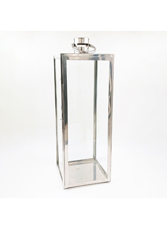 DANUBE HOME Abeer Ss-Glass Rectangle Lantern – Elegant Stainless Steel & Glass Decorative Lantern For Home, Garden, Patio, Events, Ramadan, Outdoor & Indoor Lighting Silver 24X24X70 Cm 