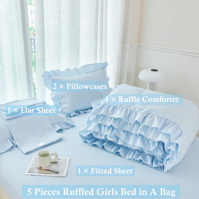 ANGIYUIN 5Pcs Queen Size Comforter Sets Light Blue Ruffle Bedding Sets Vintage Farmhouse Bed Sets Solid Elegance Boho Bed in A Bag for Girls Womenï¼ˆLight Blue Queenï¼‰ - Image 4