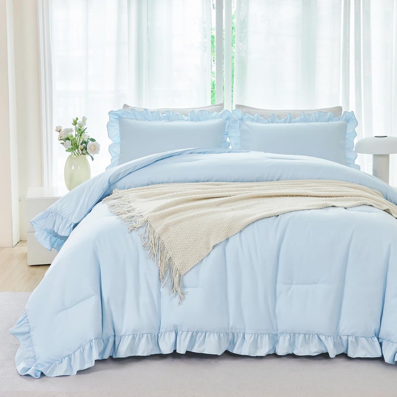 ANGIYUIN 5Pcs Queen Size Comforter Sets Light Blue Ruffle Bedding Sets Vintage Farmhouse Bed Sets Solid Elegance Boho Bed in A Bag for Girls Womenï¼ˆLight Blue Queenï¼‰ - Image 2