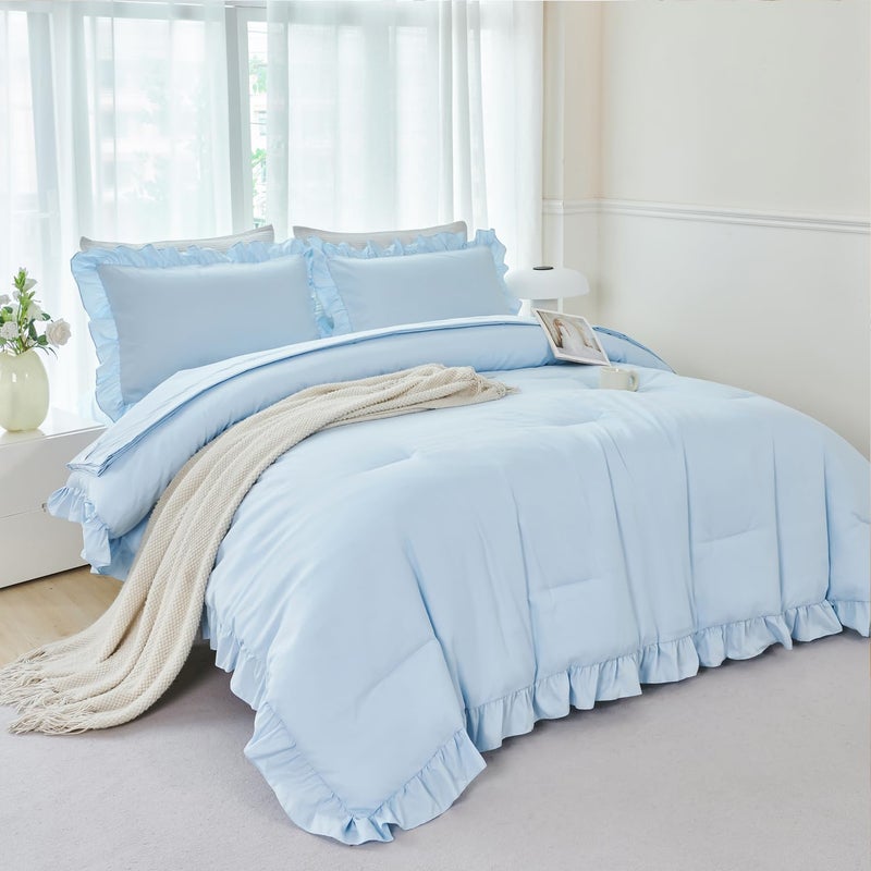 ANGIYUIN 5Pcs Queen Size Comforter Sets Light Blue Ruffle Bedding Sets Vintage Farmhouse Bed Sets Solid Elegance Boho Bed in A Bag for Girls Womenï¼ˆLight Blue Queenï¼‰ - Image 3