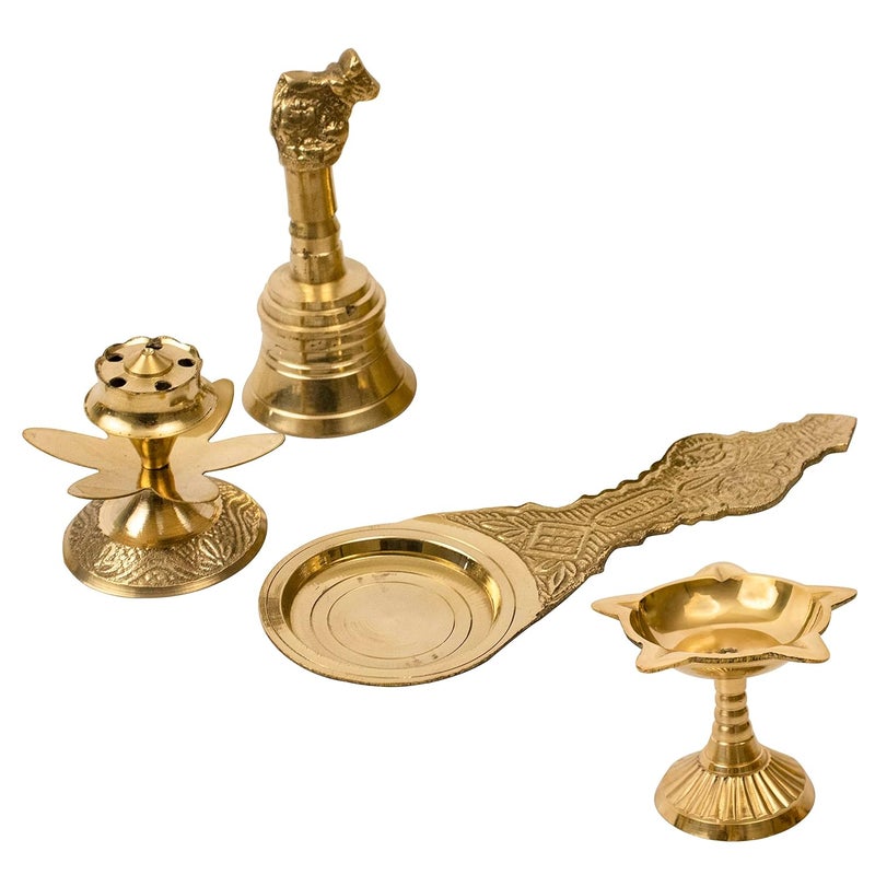 Spillbox TTraditional Puja Pooja Combo of Brass Nandi Bell Ghanti Incense Stick Holder Agarbatti Dhoop Kapoor Aarti Spoon and Brass Diya for PujaFSDK BKD