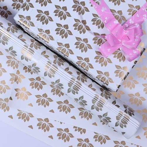 Arrow Paper Products® White & Gold Lotus Design Gift Wrapping Paper Sheet, Gift Wrap Roll, Gift Cover Paper, Premium Design Gift Wrapper Packing Material For Birthday Parties Return Gift (Pack of 50) - Image 4