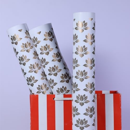 Arrow Paper Products® White & Gold Lotus Design Gift Wrapping Paper Sheet, Gift Wrap Roll, Gift Cover Paper, Premium Design Gift Wrapper Packing Material For Birthday Parties Return Gift (Pack of 50) - Image 3