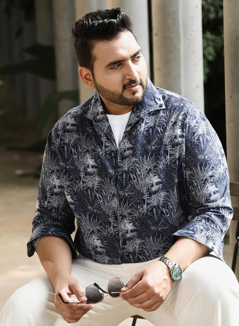 انستافاب بلس Instafab Plus Men's Navy Blue Foliage-Jacquard Button-Down Relaxed Shirt For Casual Wear | Point Collar | Long Sleeves | Button Closure | Plus Size Shirt Crafted With Comfort Fit For Everyday Wear