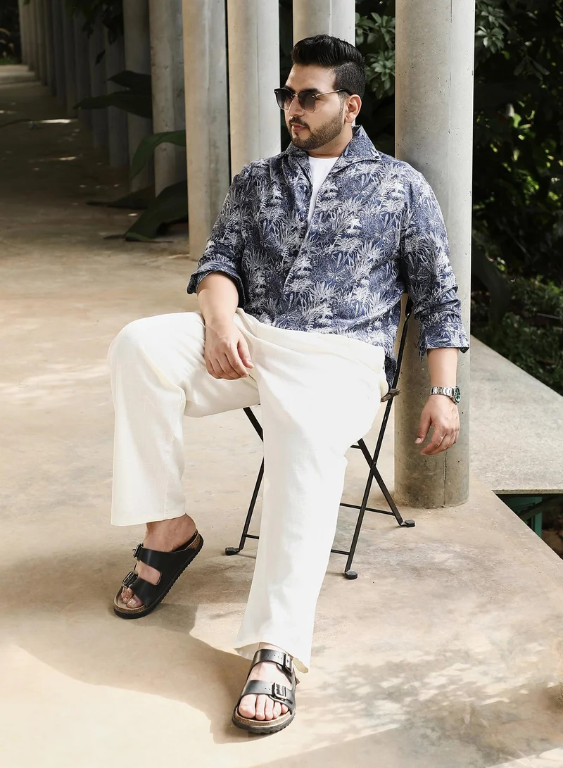 Instafab Plus Instafab Plus Men's Navy Blue Foliage-Jacquard Button-Down Relaxed Shirt For Casual Wear | Point Collar | Long Sleeves | Button Closure | Plus Size Shirt Crafted With Comfort Fit For Everyday Wear