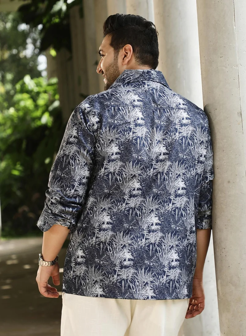 Instafab Plus Instafab Plus Men's Navy Blue Foliage-Jacquard Button-Down Relaxed Shirt For Casual Wear | Point Collar | Long Sleeves | Button Closure | Plus Size Shirt Crafted With Comfort Fit For Everyday Wear