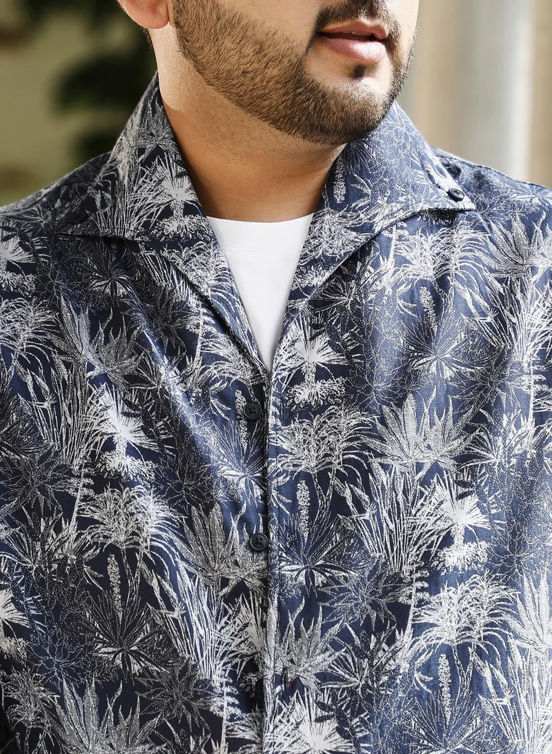 Instafab Plus Instafab Plus Men's Navy Blue Foliage-Jacquard Button-Down Relaxed Shirt For Casual Wear | Point Collar | Long Sleeves | Button Closure | Plus Size Shirt Crafted With Comfort Fit For Everyday Wear