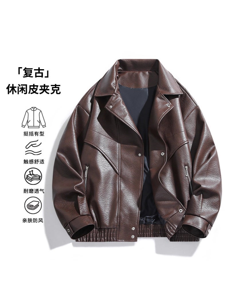Solid Color American Retro Leather Jacket Men'S Motorcycle New Leather Jacket Men'S Pu Jacket Loose Trendy - Image 4