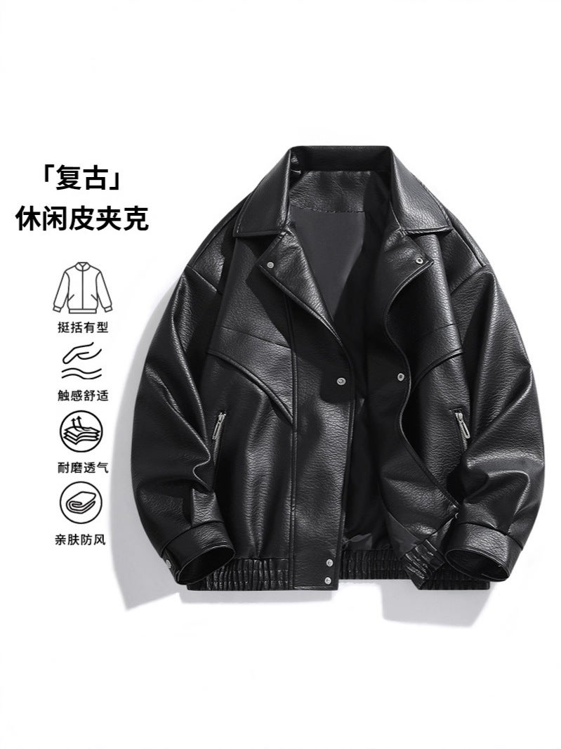 Solid Color American Retro Leather Jacket Men'S Motorcycle New Leather Jacket Men'S Pu Jacket Loose Trendy - Image 5