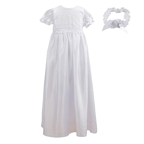 NIMBLE Baby Girls Baptism Christening Embroidered Gown with Headband for 0-12 Months (3-6 Months, White) - Image 1