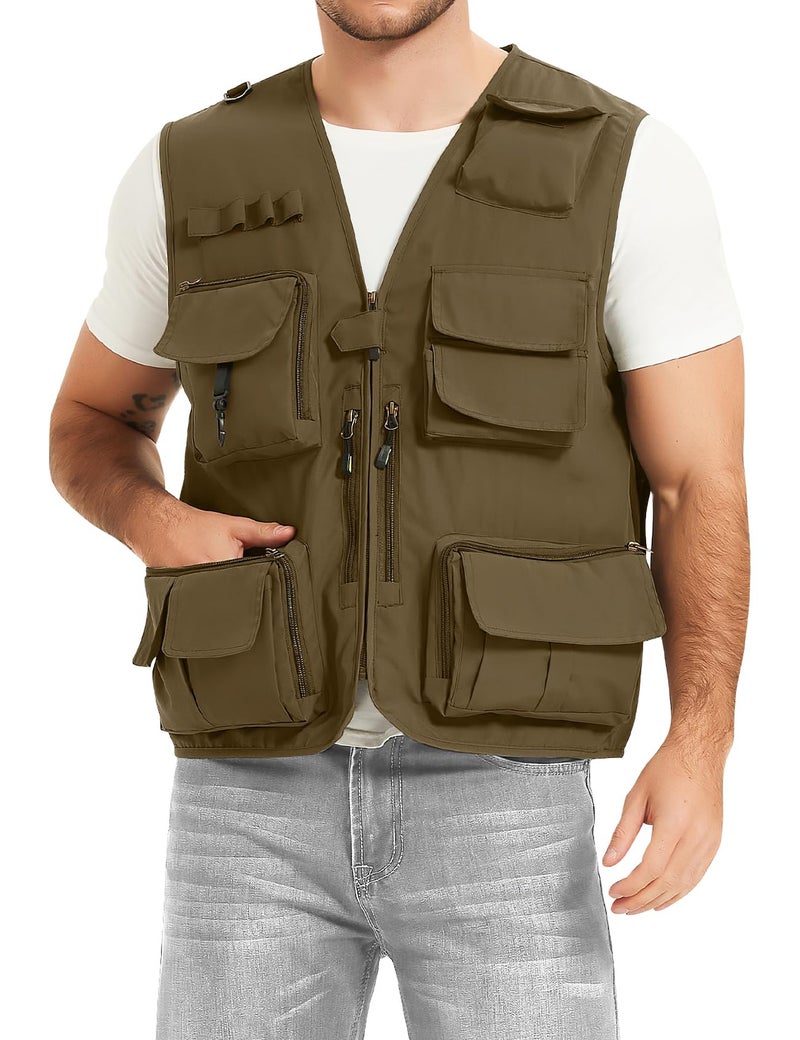PEHMEA Men's Fishing Vest Utility Detachable Summer Vests with Pockets for Safari Travel Outdoor Work Photo Cargo Fly(Khaki-M) - Image 4