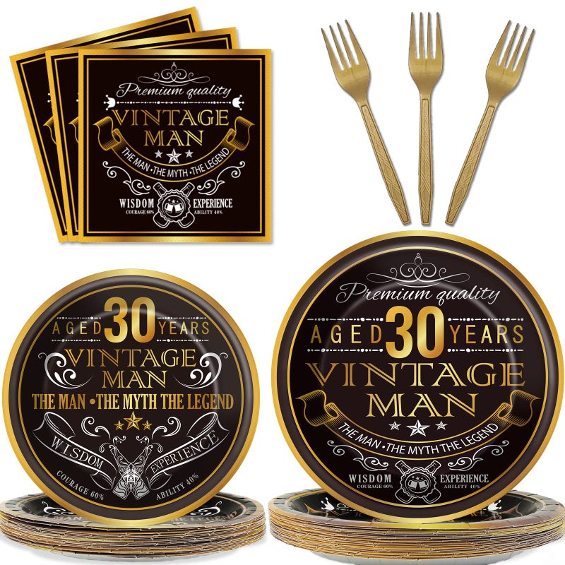 Wiooffen 96 Pcs Vintage 30th Party Tableware Set Back in 1995 30th Theme Birthday Party Table Decoration Supplies Cheers to 30 Years Paper Plate Napkin Fork 24 Guests for Men