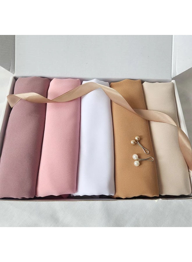 بلوم – طقم حجاب شيفون مكوّن من 5 قطع، خفيف الوزن وقابل للتنفس (180×70 سم) | الألوان: موف، وردي، أبيض، جملي، بيج. قماش ناعم، خفيف، وقابل للتنفس — مثالي للاستخدام اليومي، والصلاة، والمناسبات الخاصة. مثالي لأزياء المحجبات، وتنسيقات الحجاب، والستايلات متعددة الطبقات. - Image 2