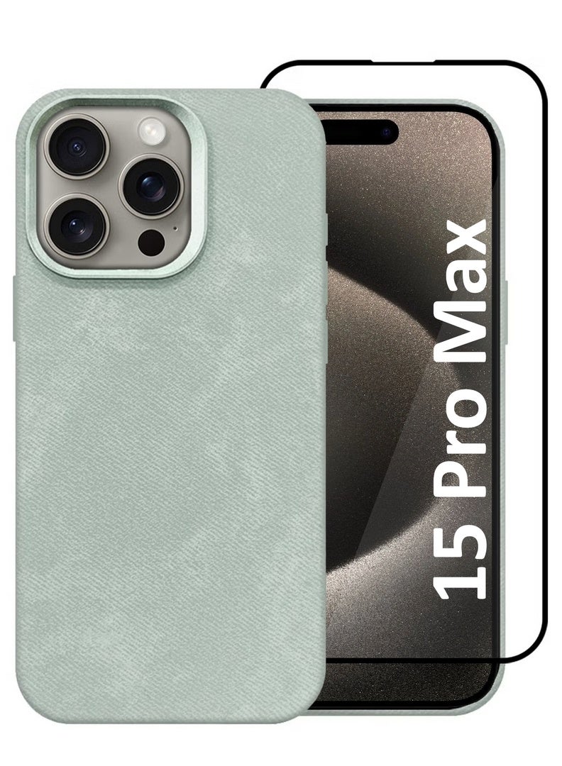 CATANES 2Packs iPhone 15 Pro Max Alcantara Case Cover Premium Quality Luxurious Soft Touch Protection with Metal Camera Frame with a 3D Screen Protector - Natural Titanium  - Image 1